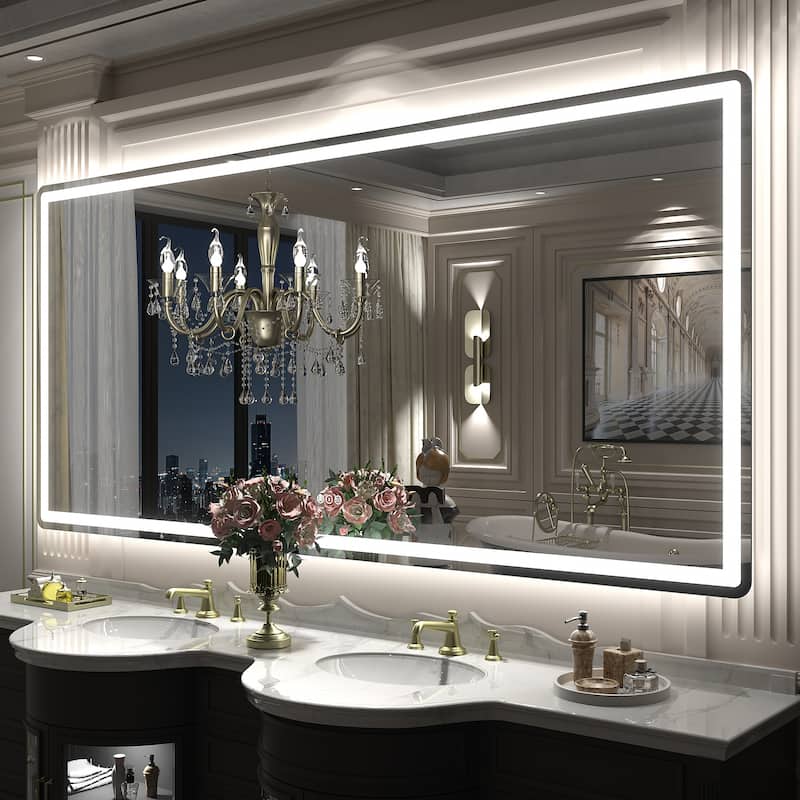 UL Certified Frameless LED Front Light and Backlit 3 Colors Dimmable Anti-Fog Wall Bathroom Vanity Mirror - 84" x 32"-Rounded Corner