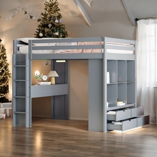 Full Size Loft Bed with large shelves, writing desk and LED Light