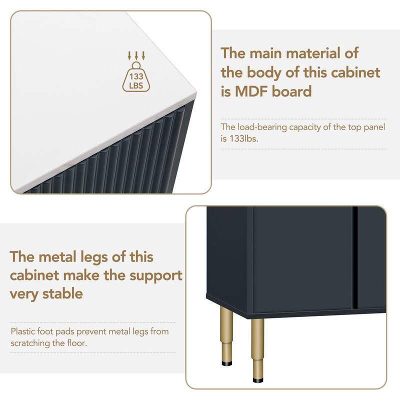 Anmytek Navy Blue Modern Sideboard Buffet Cabinet with Marble Tabletop, Amber Glass Doors and Gold Legs for Living Room