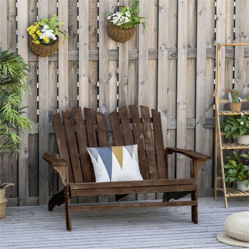 Brown Fir Wood Adirondack Loveseat Chair with Reclined Slatted Back - 50.75" W x 35.5" D x 33.75" H