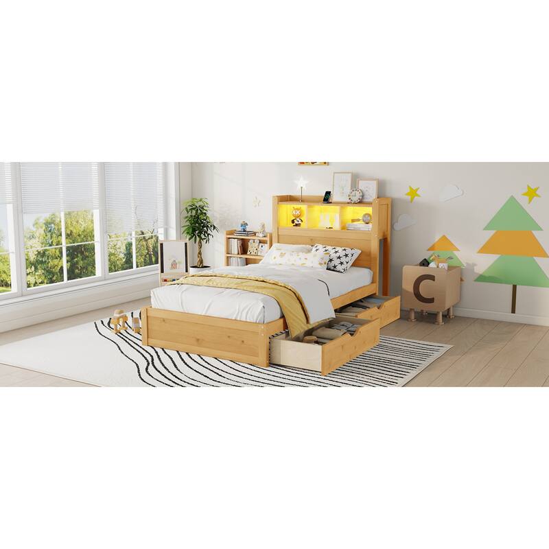 Roomfitters Twin/Full Platform Bed, LED Bookcase Headboard and Pull Out Storage Drawers with Wooden Frame for Bedrooms