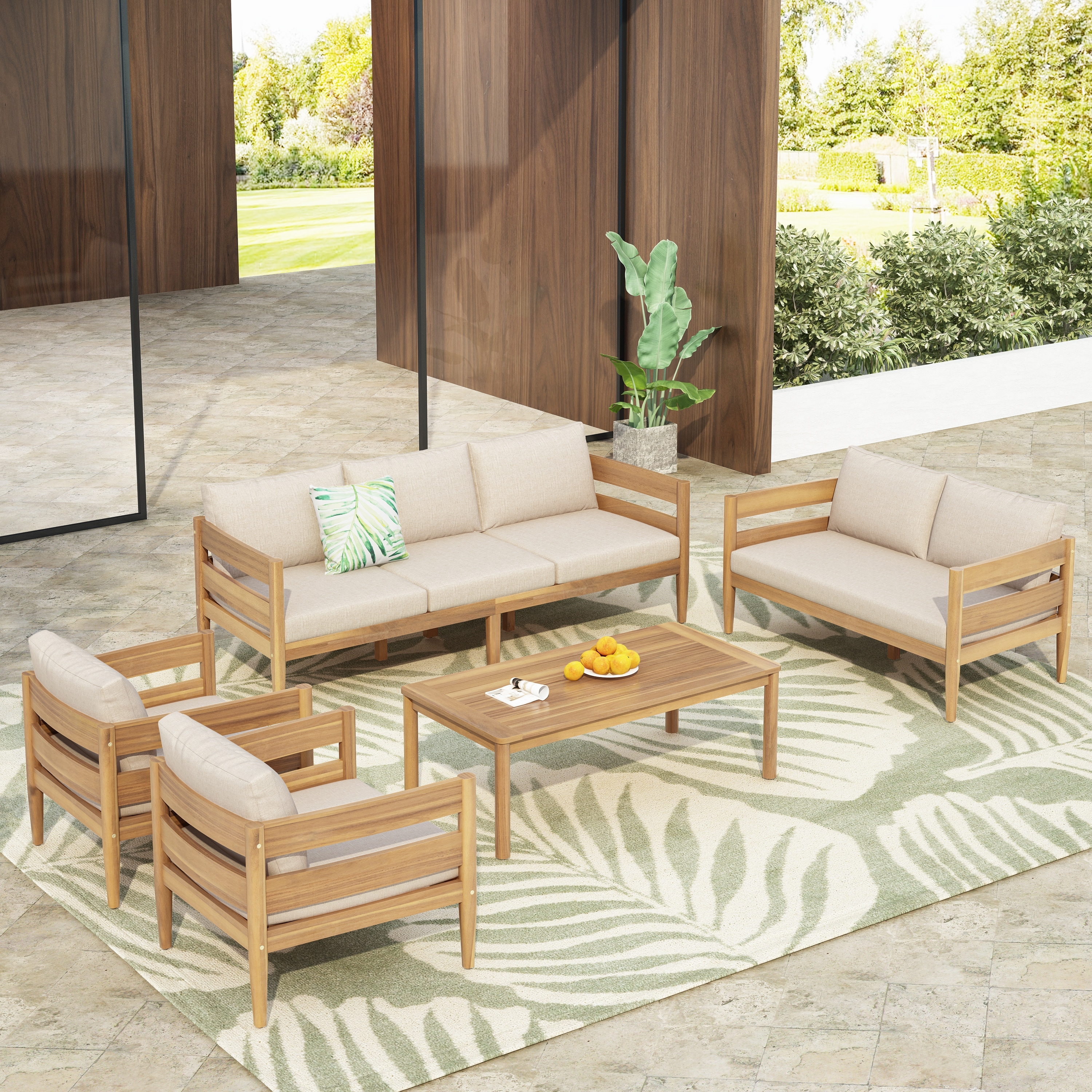 Christopher Knight Home- Avery Curved Acacia Wood Outdoor 5 Piece Chat Set