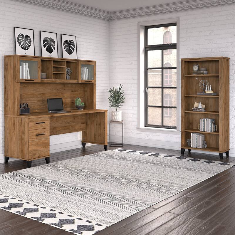 Somerset 72W Office Desk with Hutch and 5 Shelf Bookcase in Ash Gray - Fresh Walnut