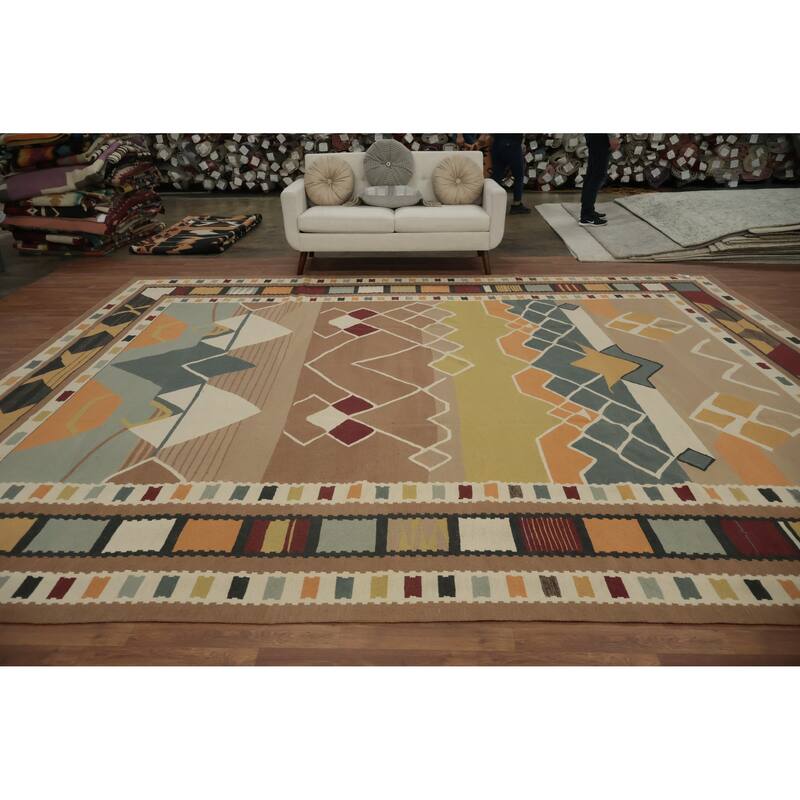 Hand Woven Oriental 100% Wool Carpet Southwestern Tribal Brown Kilim Area Rug - 14' 2'' X 11' 10''