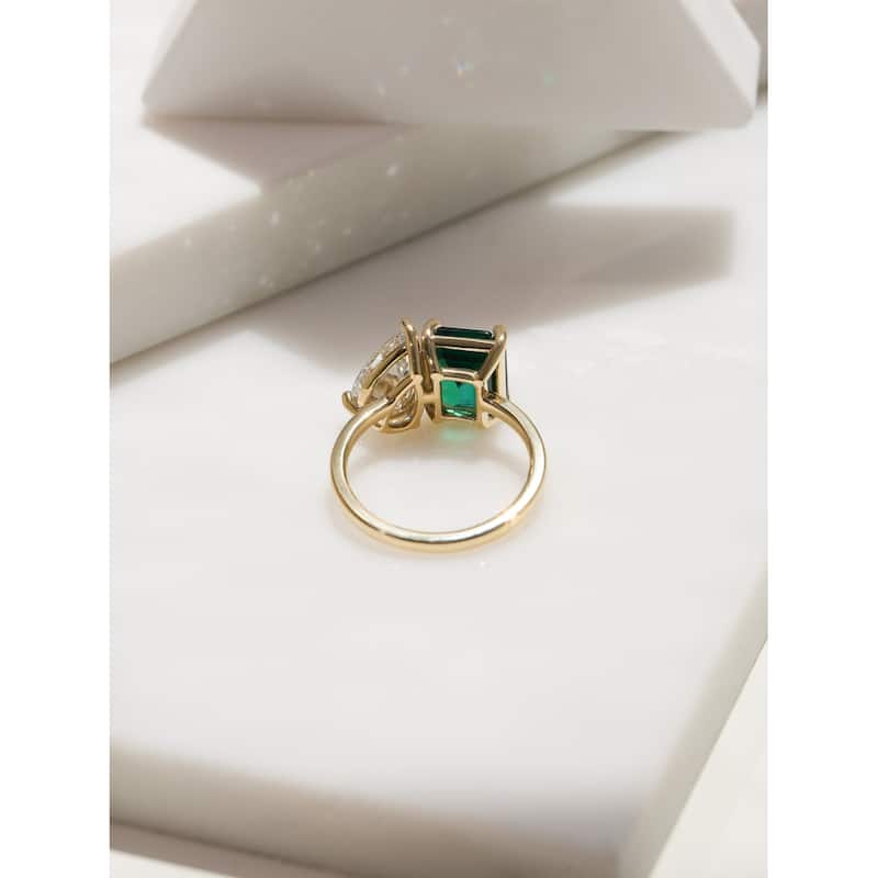 Kobelli Deep Green Emerald & White Lab Grown Diamond Certified 14k Solid Gold 2 Stone Toi et Moi Empress Ring (EF/VS)