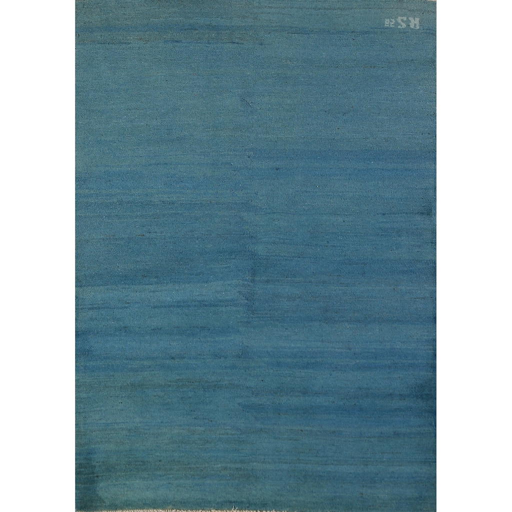 Blue Striped Modern Gabbeh Oriental Rug Hand-Knotted Wool Carpet - 3'6" x 4'10"