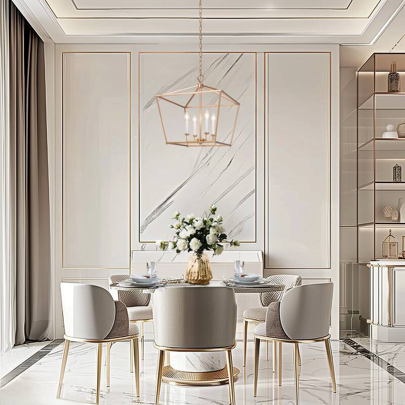 Modern Glam Gold 4-Light Geometric Lantern Cage Chandelier for Foyer - L17.5"*W17.5"*H20"