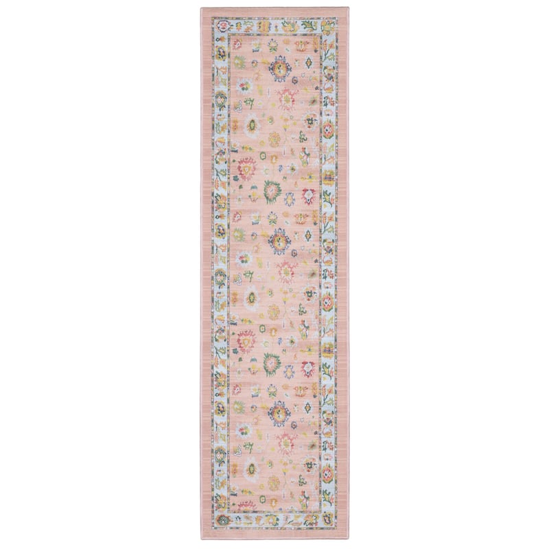Addison Vintage Traditional Pink/ Blue Printed Washable Flat Pile Rug - 2' x 7'
