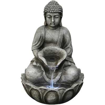 Hanover 21-In. Buddha Statue Indoor or Outdoor Garden Fountain with LED Lights for Patio, Deck, Porch