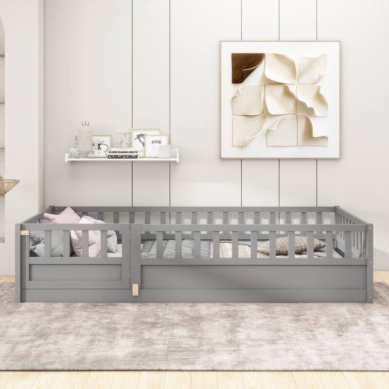 Children's Twin Floor Bed with Safety Guardrails & Door, Montessori Wooden Bed Frame for Bedroom Play Area - Grey