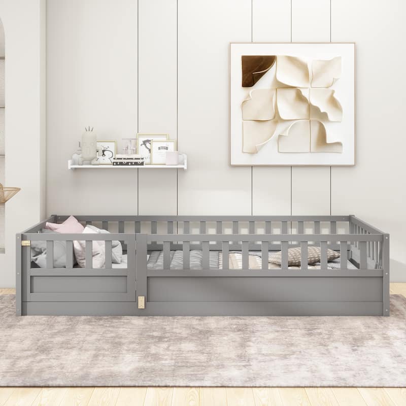 Pine Floor Bed with Guardrail & Door - Twin - Grey