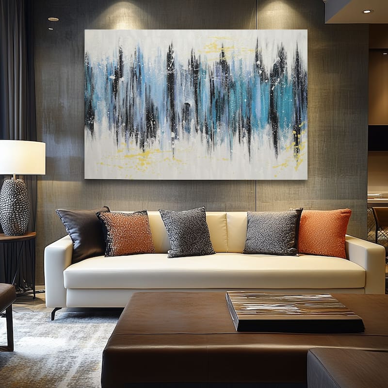 Blue Neutral Cascade Hand Painted Abstract Textured Oil Canvas Wall Art 47" X 31" - Blue