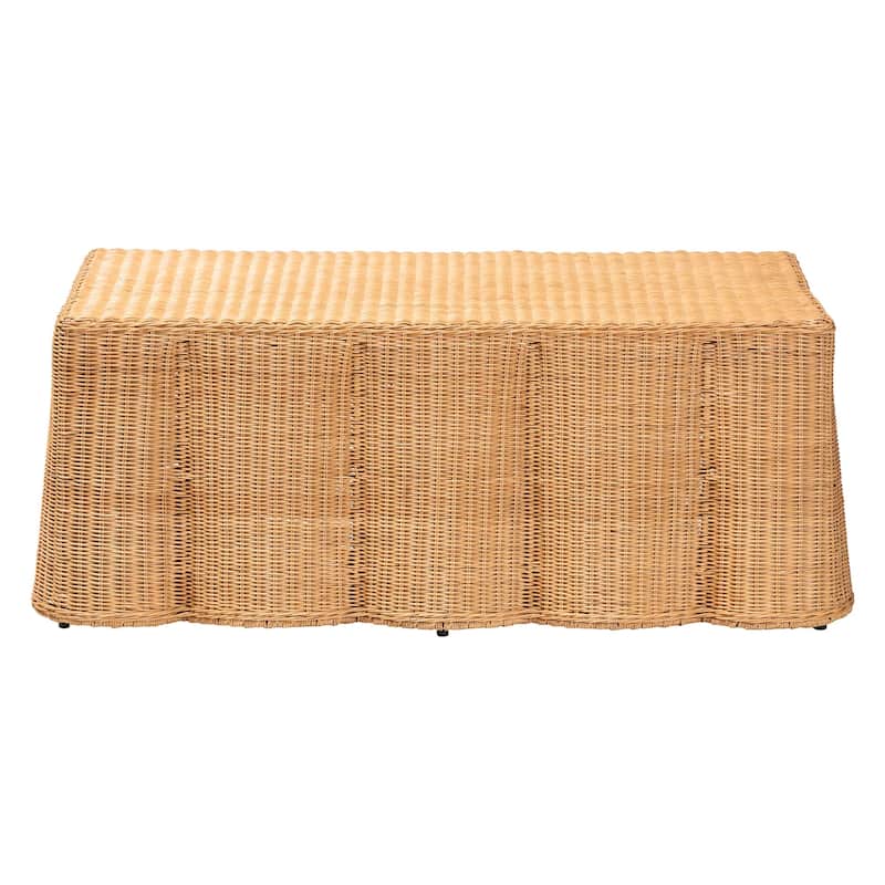 Palm Scalloped Rattan Coffee Table - Handwoven Wicker Rectangle Accent Table for Living Room, Patio or Sunroom