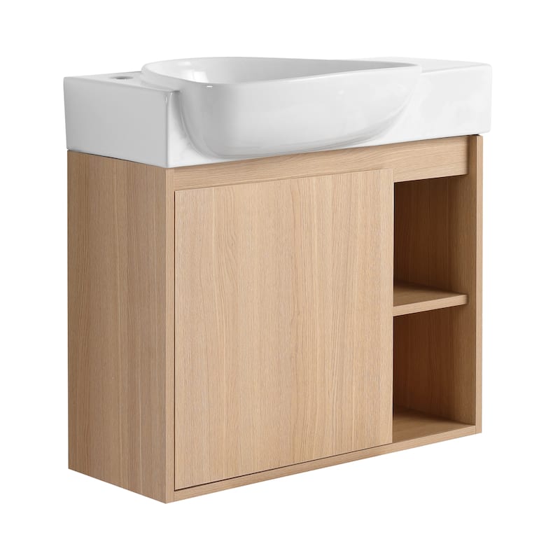 26'' Wall-Mounted Bathroom Vanity with White Ceramic Sink & Soft-Close Door, KD-Packing