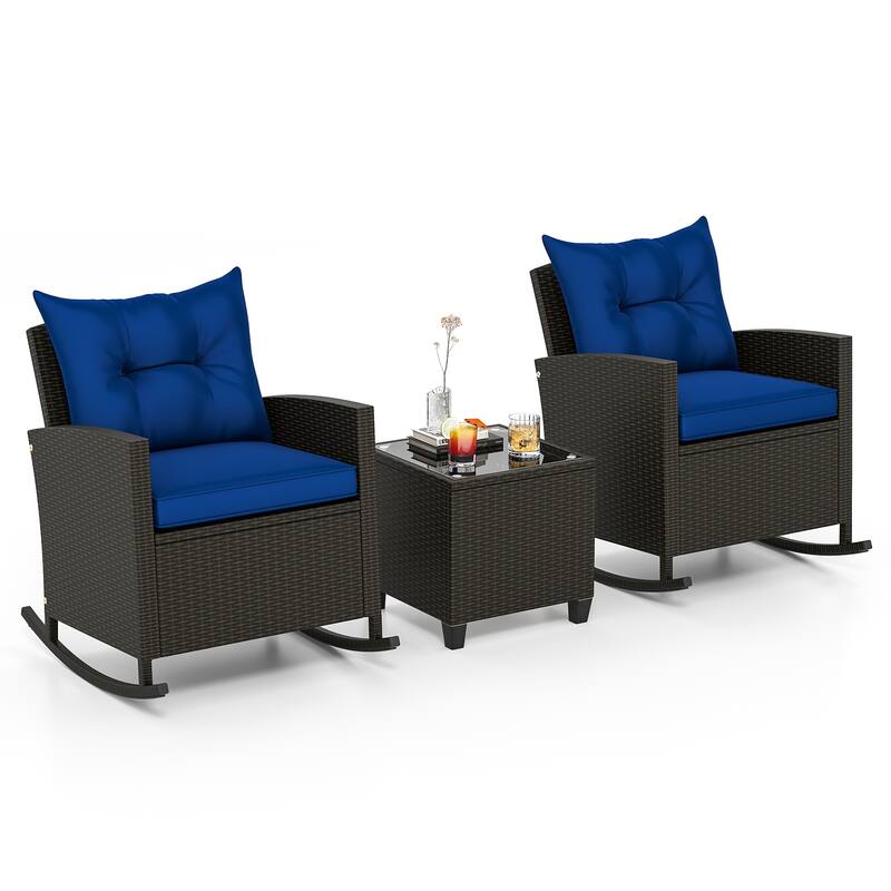 Gymax Set of 3 Wicker Rocking Set Patio w/ Tempered Glass Table & Soft