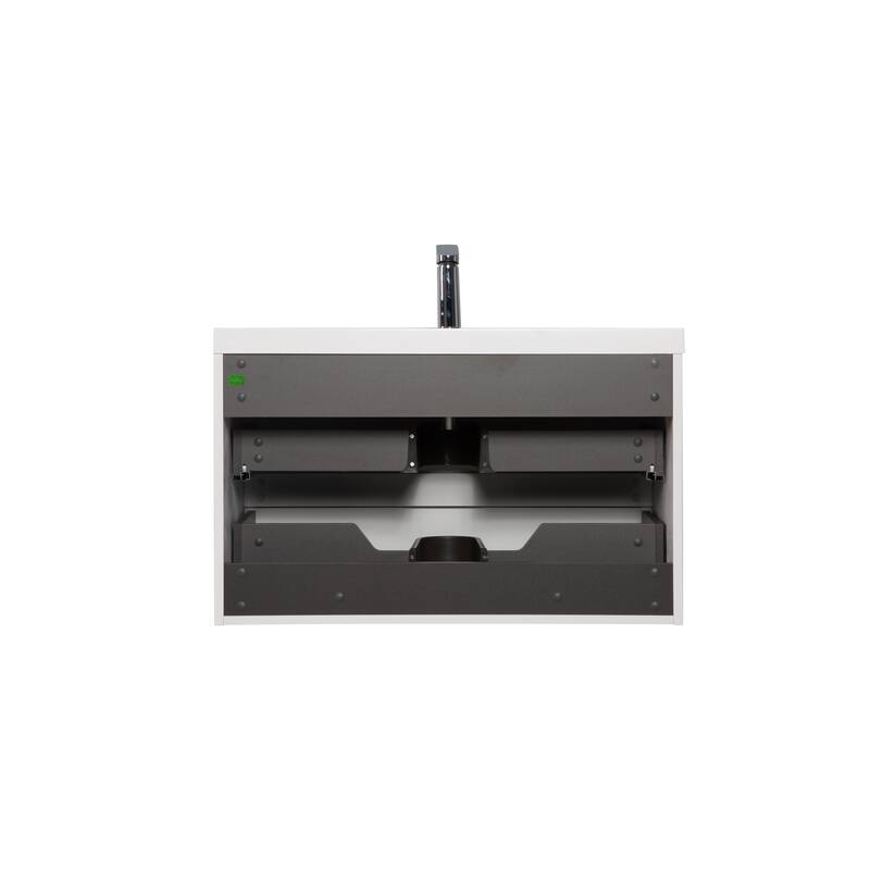 35.5-Inch Floating Bathroom Vanity with Glossy Resin Sink, Ash Grey Color, Wall-Mounted Design, 2 Drawers