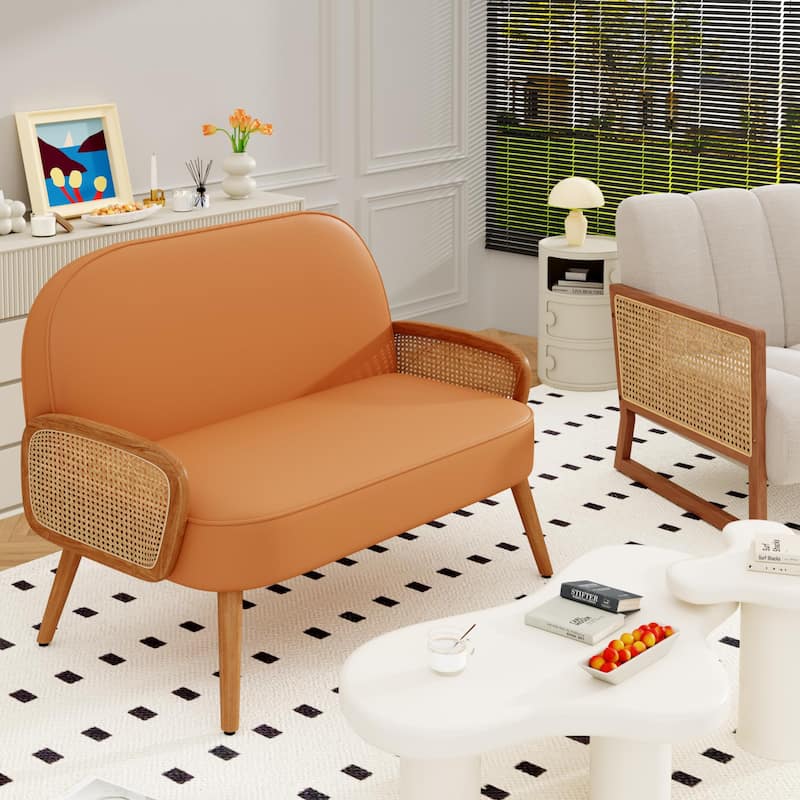 Loveseat Sofa Small Couch for Living Room, Faux Leather Mini Couch Love Seat with Natural Rattan Armrest and Solid Wooden Legs