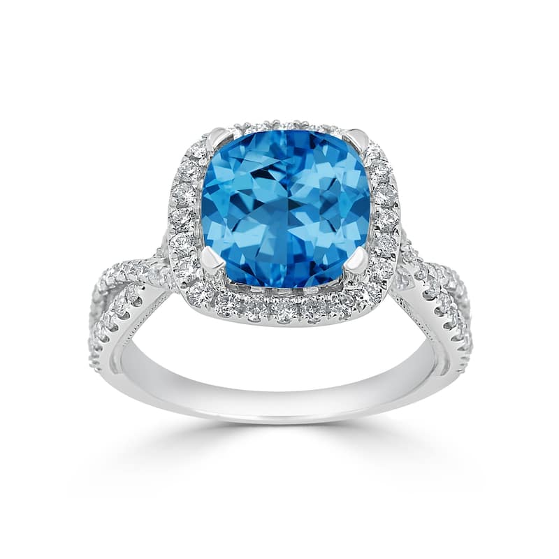 Auriya 3 1/8ct Cushion-cut Swiss Blue Topaz and Halo Diamond Engagement Ring 1/2cttw 14k Gold