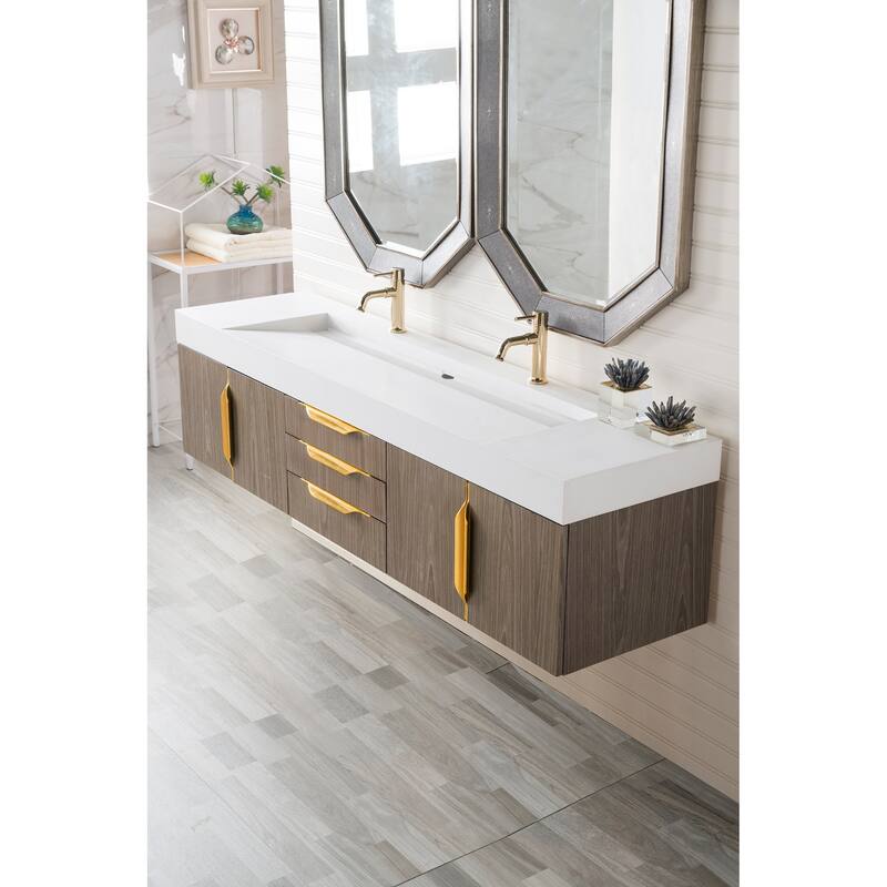 James Martin Vanities Mercer Island 72" Double Vanity, Ash Gray with Radiant Gold Hardware