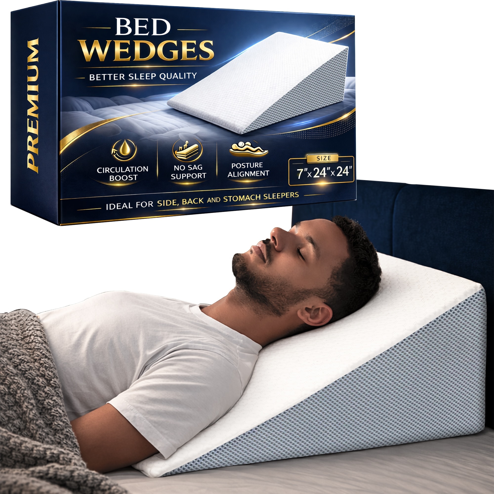 Bed Wedge Pillow, 24-Inch Wide Incline Support Cushion for Lower Back Pain, Anti Snoring, Heartburn, Multi Position, 24-Inch