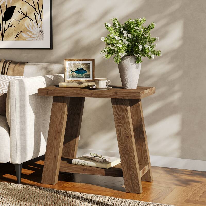 Solid Wood End Table, Small Side Table with 2-Tier Storage Shelf for Living Room, Easy Assembly - Set of 2