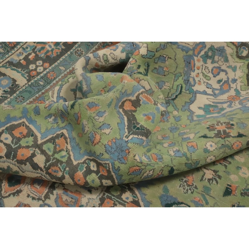 Hand Knotted Oriental 100% Wool Carpet Traditional Floral Green Tabriz Area Rug - 9' 2'' X 6' 7''
