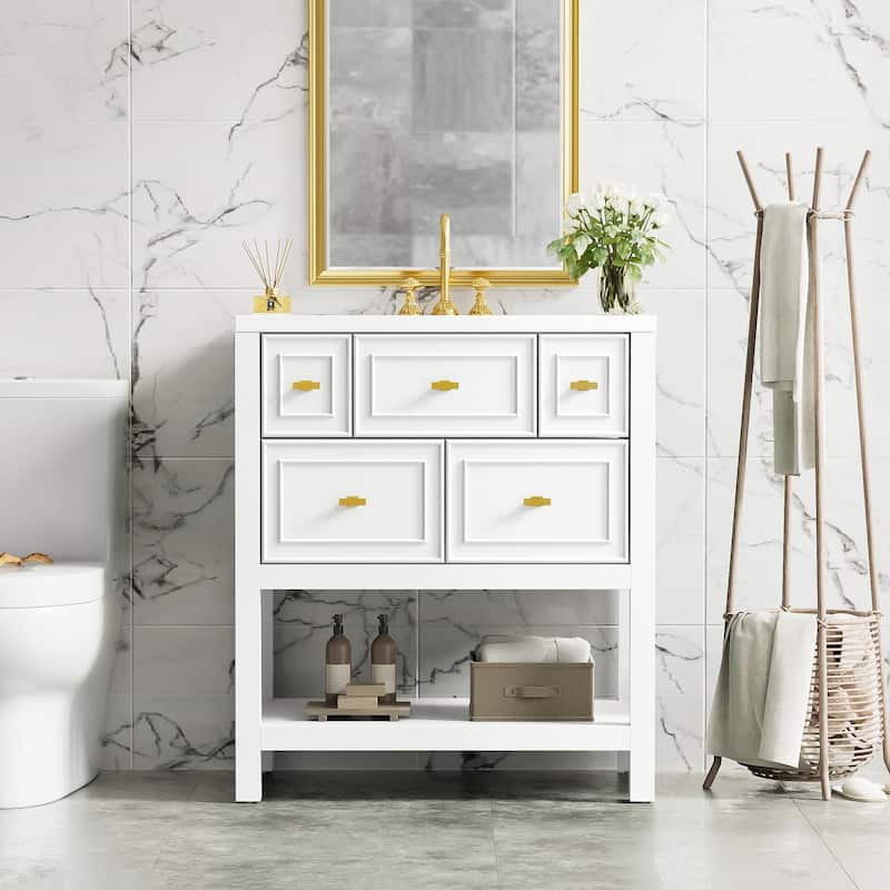 30'' Bathroom Vanity with Ceramic Sink Combo, Free Standing Single Vanity Set with 5 Drawers