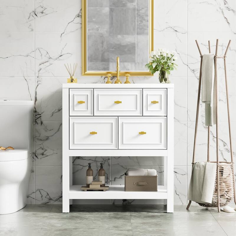 Bathroom Vanity with Ceramic Sink, Bathroom Storage Cabinet with 5 Drawers, Bathroom Vanity Set with Open Shelf