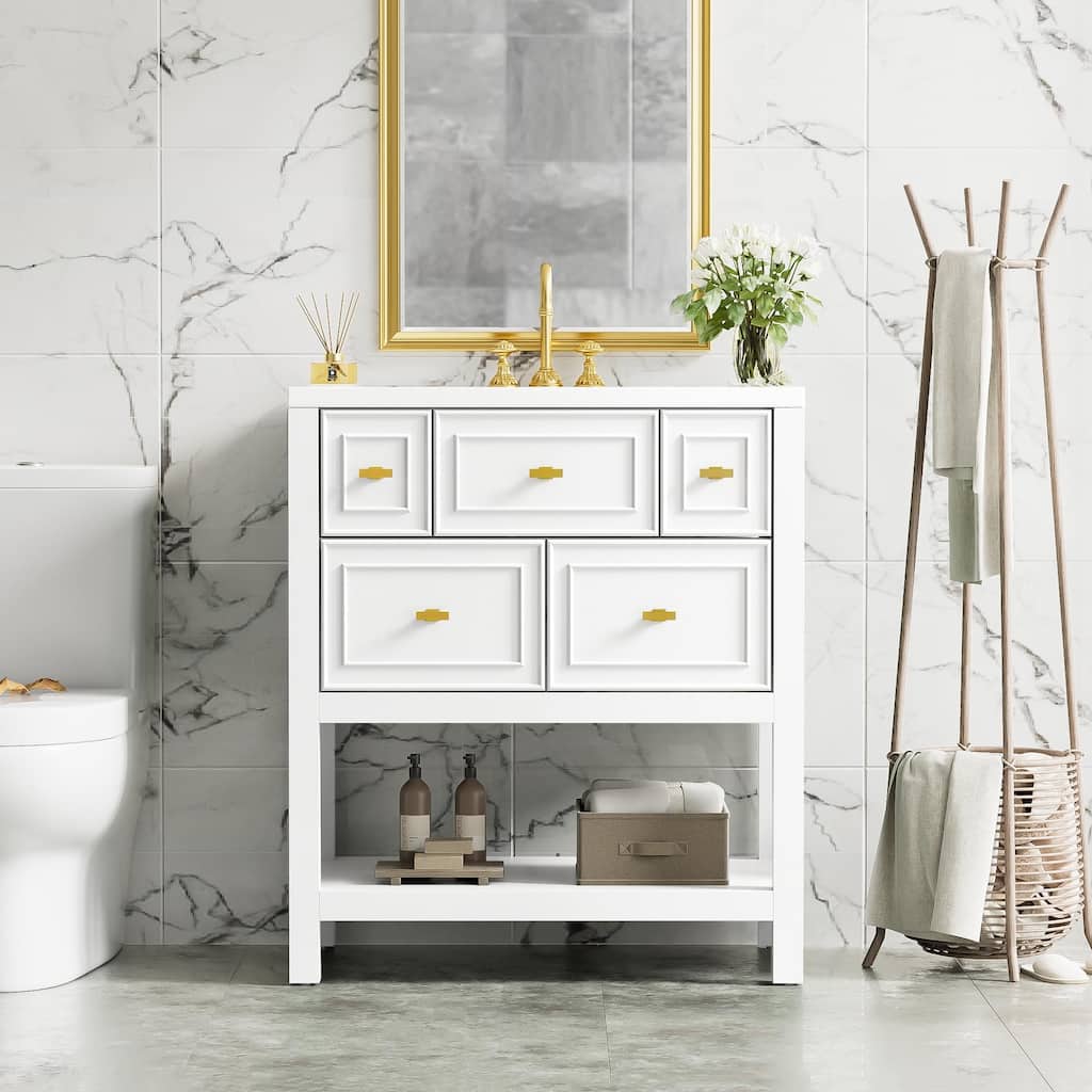 Retro Carved Pattern Vanity for Bathroom Single Sink Storage Cabinet with 5 Drawers, 1 Open Shelf and Gold Metal Handles