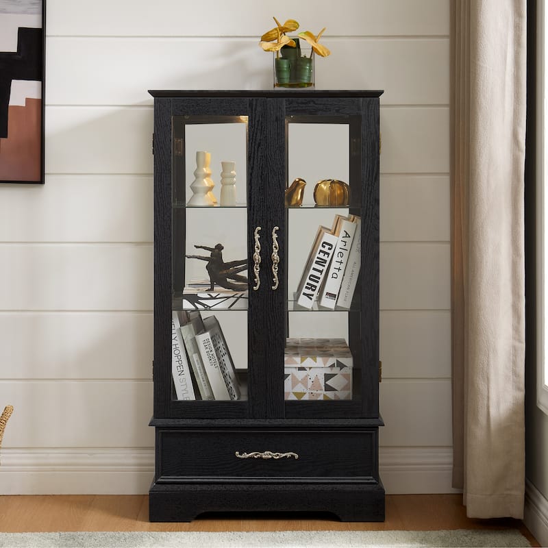 Lighted Glass Curio Cabinet with Adjustable Shelves - Elegant 2-Door Display Cabinet & Built-in Drawer, Includes Bulb