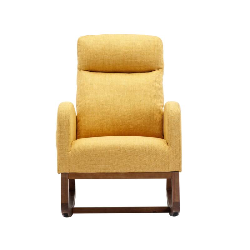 Linen High-Back Rocking Chair with Recliner Function, Side Pocket, and Solid Wood Legs