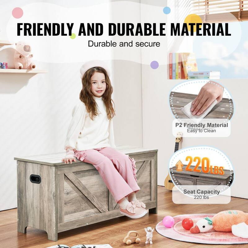 Grey Wooden Kids Toy Storage Bench Box with Flip-Top Lid and Safety Hinge - 39.15” x 15.55” x 18.90”