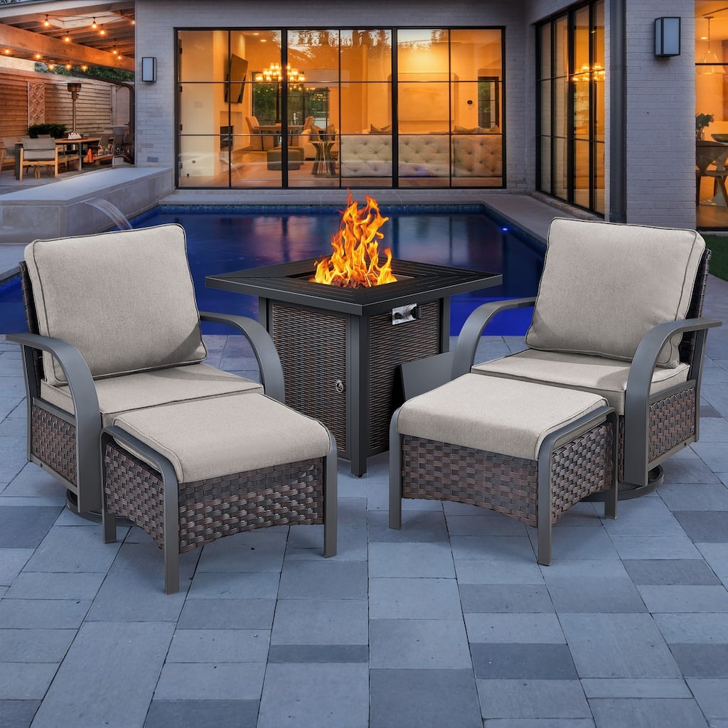 4 Outdoor Glider Chairs with Propane Fire Pit Table - Blue Cushion - Brown