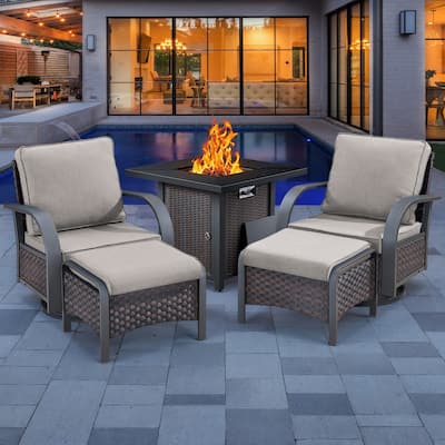 5 Pieces Patio Swivel Chair with Fire Pit Table - Beige Cushion - Brown