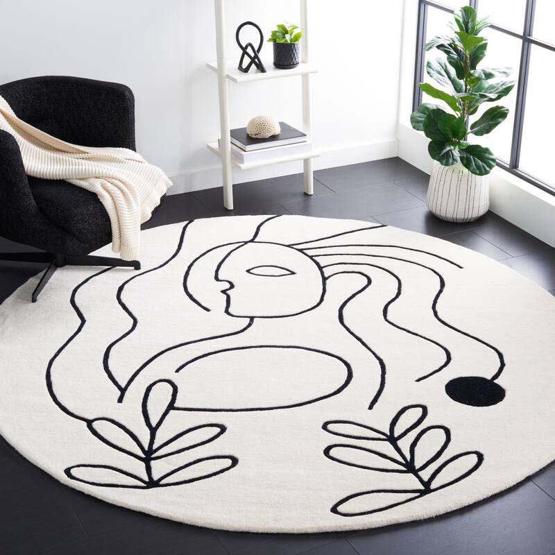 SAFAVIEH Handmade Fifth Avenue Chayah Mid-Century Modern Wool Rug - 7' Round - Ivory/Black