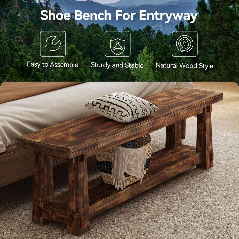55 Inch Entryway Bench with Shoe Storage, All Solid Wood Bench - 55.12" W x 13.78" D x 18.11" H