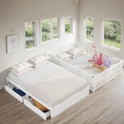 Full Size Wood Daybed with Fence Guardrails and 2 Drawers