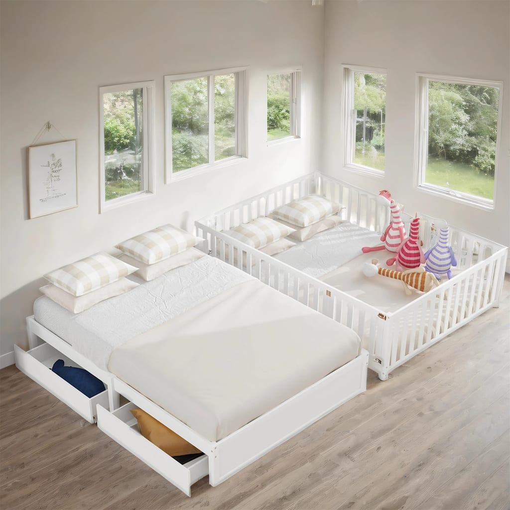 Full Size Wood Daybed with Fence Guardrails and 2 Drawers