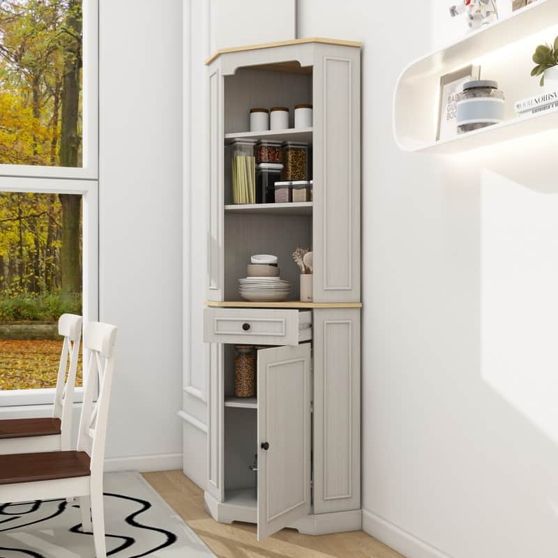 68" Farmhouse Corner Cabinet with Drawer, Freestanding Antique White Storage for Living Room, Kitchen