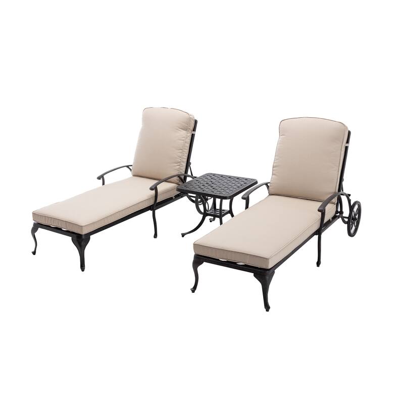 3-Piece Aluminum Reclining Outdoor Chaise Lounge with Cushions and Table