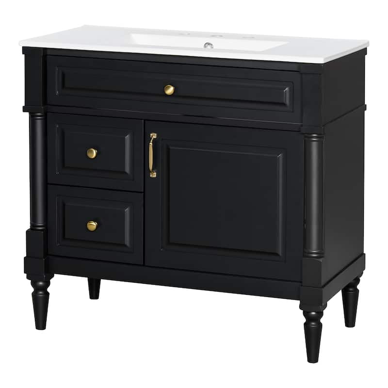 36" Bathroom Vanity with Sink, Freestanding Bathroom Cabinet with Ceramic Basin, Flip Drawer, Adjustable Shelf