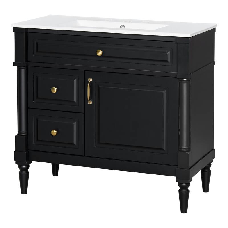 Roomfitters 36" Bathroom Vanity with Sink, Solid Wood Frame, Flip Drawer, 2 Drawers & Door Rack