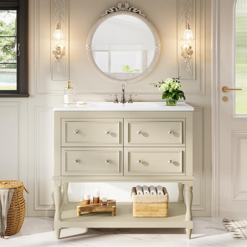 36" Modern Bathroom Vanity with Ceramic Basin, 4 Drawers - Beige