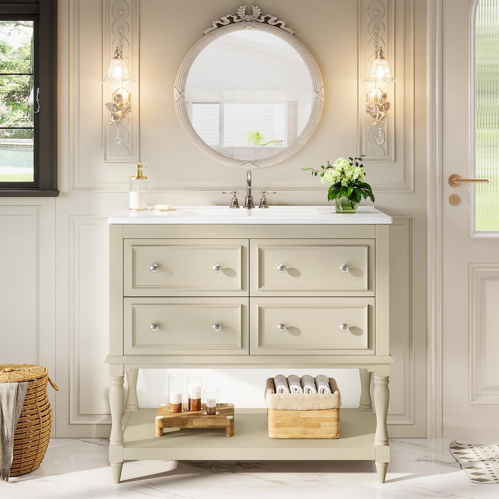 36" Modern Bathroom Vanity with Ceramic Basin, 4 Drawers