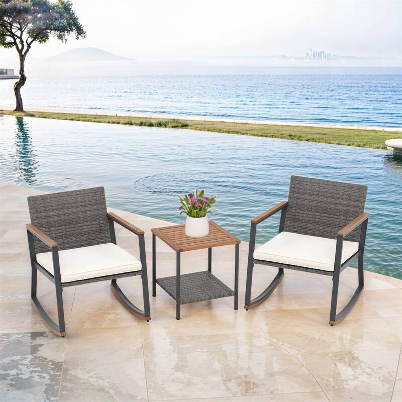 3 Pieces Rocking Wicker Bistro Set, Patio Outdoor Furniture Conversation Sets with Porch Chairs and Glass Coffee Table