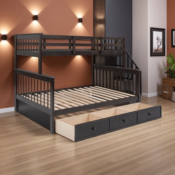 Twin Over Full Solid Wood Bunk Bed with Storage Staircase and Drawer ...
