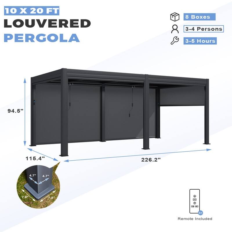 Erommy Outdoor Louvered Pergola Gazebo with Adjustable Aluminum Rainproof Roof and Pull-Down Screen