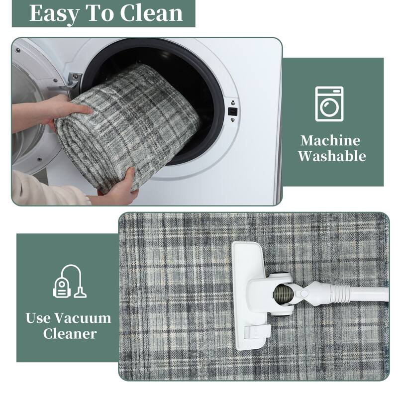 Washable Area Rugs for Living Room Bedroom Modern Plaid Rug Soft Non Slip Low Pile Farmhouse Geometric Rug