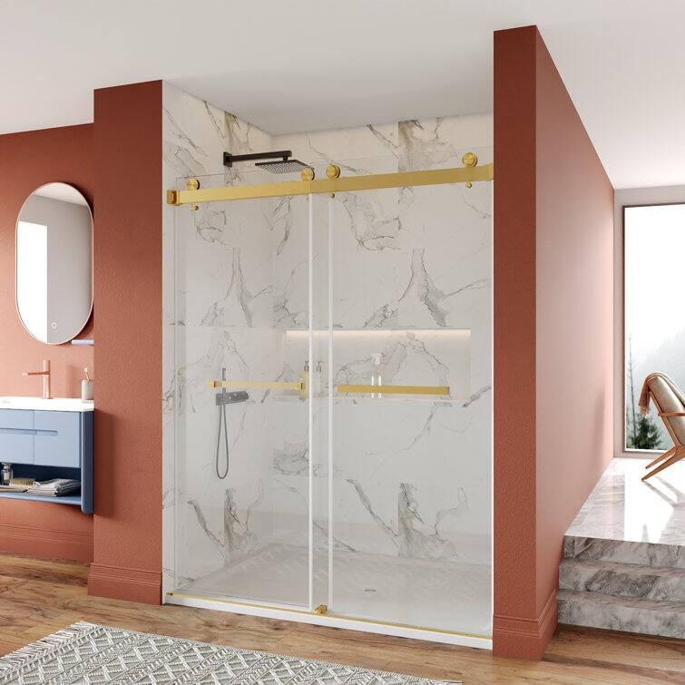 DeerValley 56" - 60" W x 76" H Double Sliding Frameless Shower Enclosure, Stainless Steel Accessories