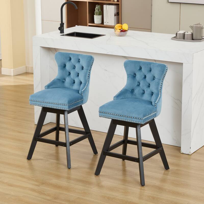 Roomfitters Swivel Velvet Bar Stools Set of 2, Button Tufted Upholstered Bar Chairs with Solid Wood Legs